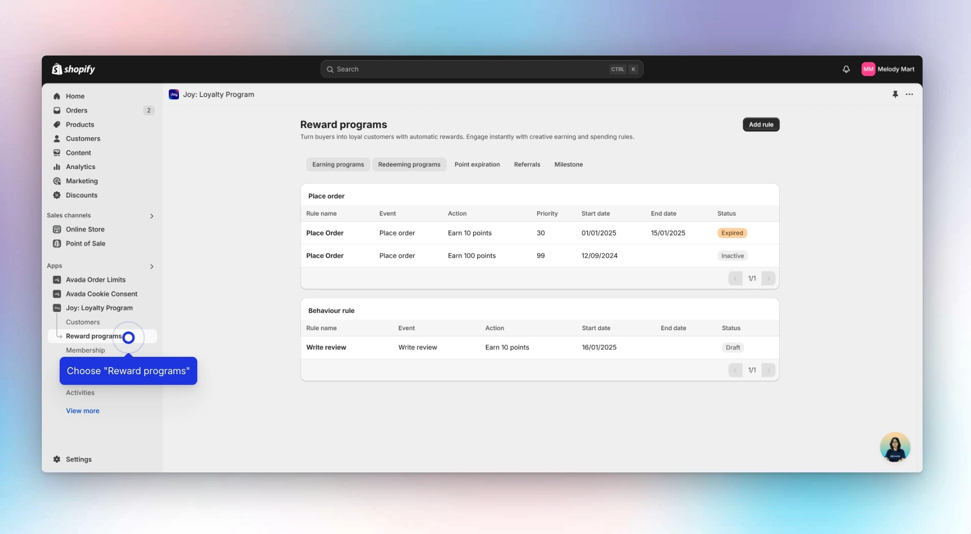 step choose Redeeming programs